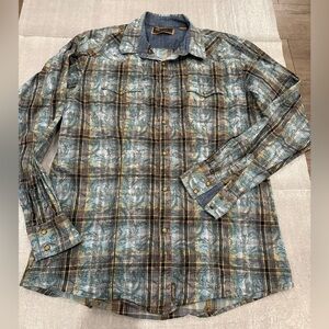 [XLT]Wrangler Retro Plaid Swirl Print LS Shirt Snap Western Green Brown Tones